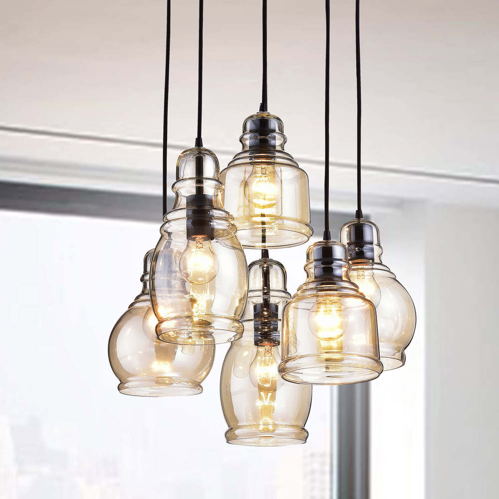 Suspension Mariana en verre cognac antique noir et base ronde à 6 lumières