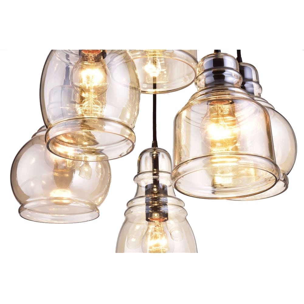Suspension Mariana en verre cognac antique noir et base ronde à 6 lumières