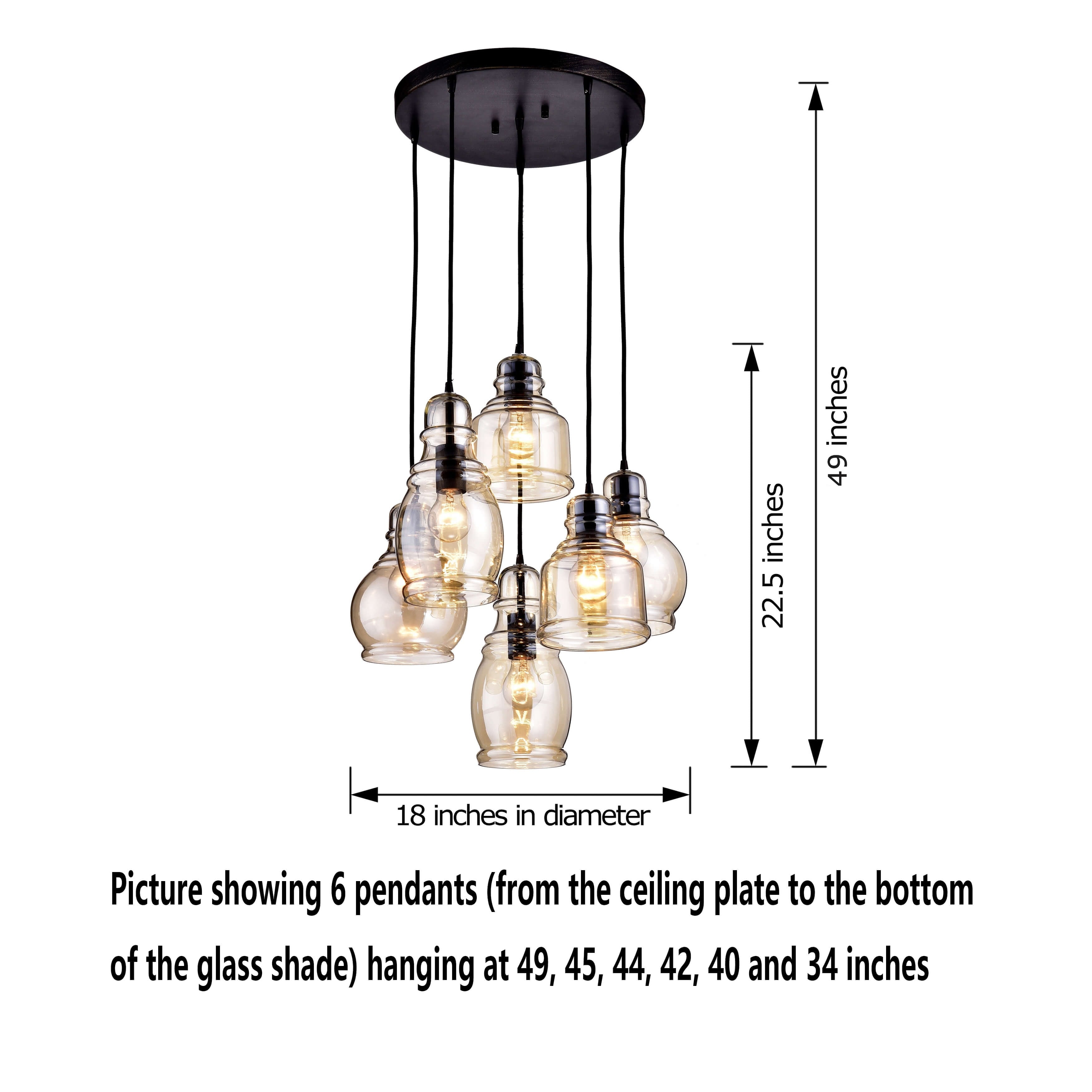 Suspension Mariana en verre cognac antique noir et base ronde à 6 lumières