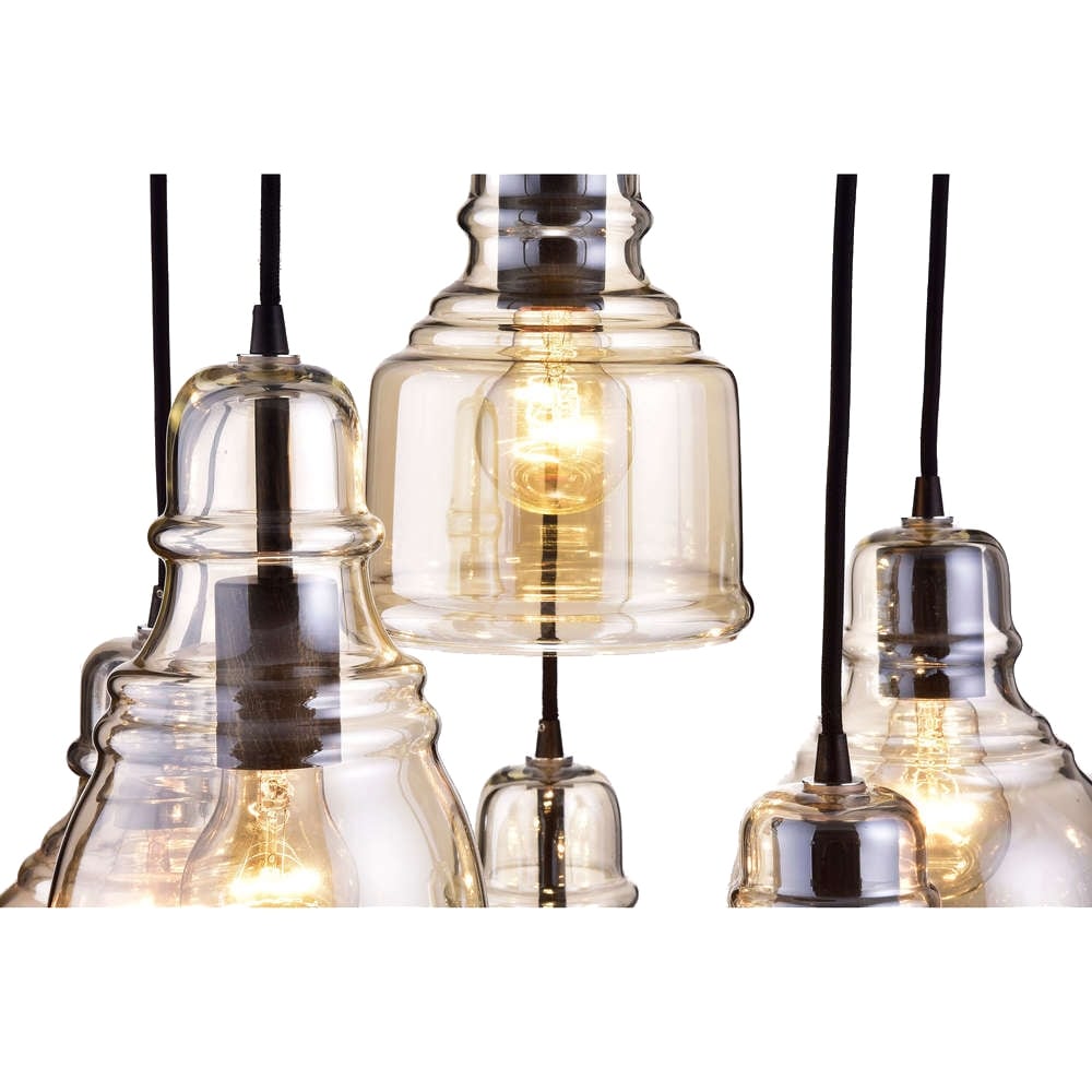 Suspension Mariana en verre cognac antique noir et base ronde à 6 lumières