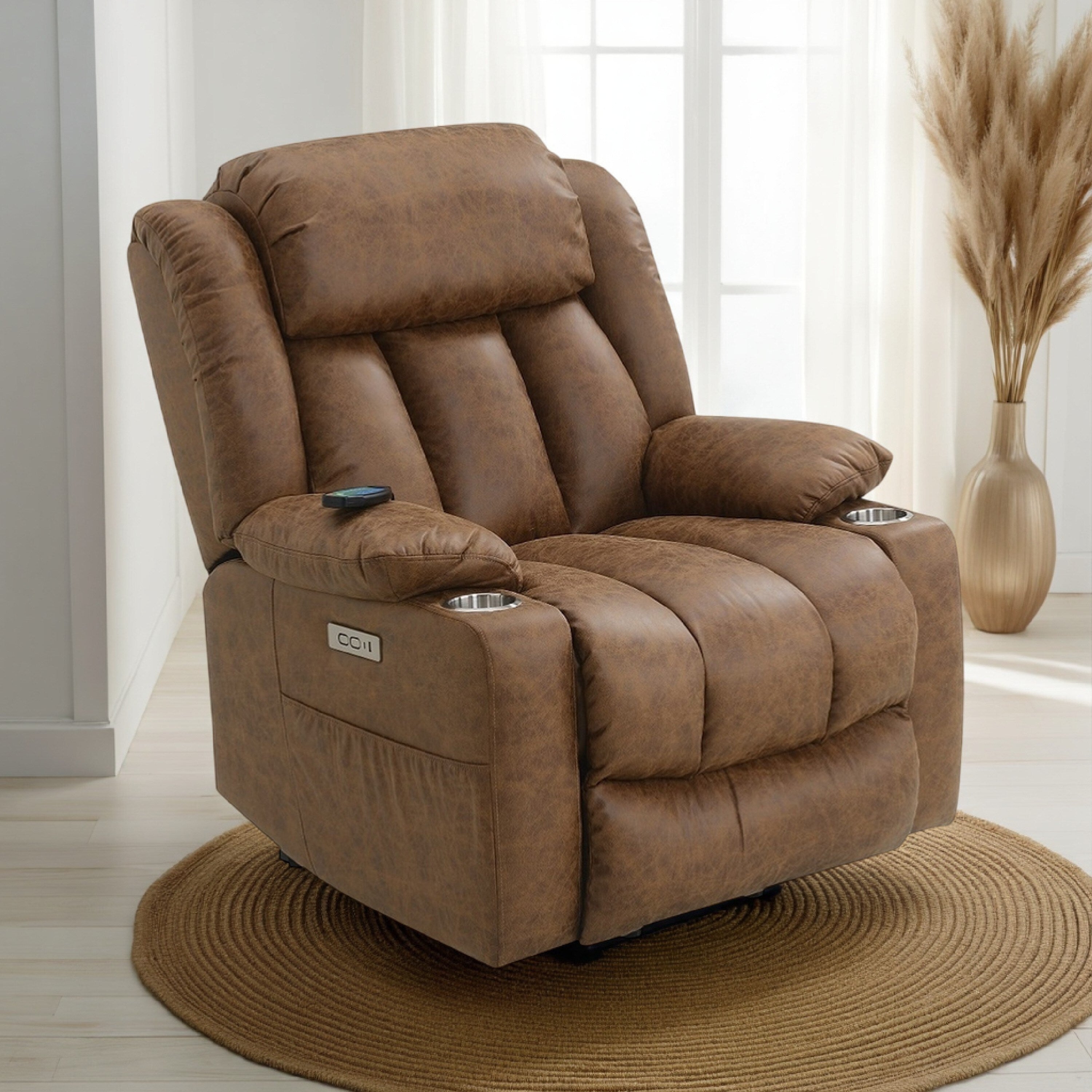 Fauteuil releveur électrique Mario, chauffant et massant, similicuir marron