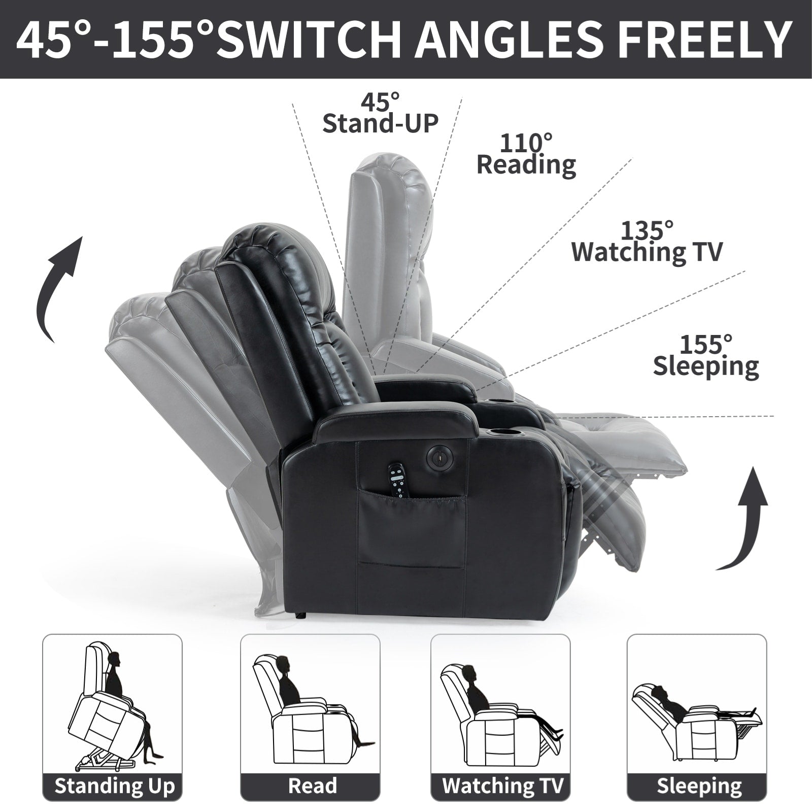 Fauteuil inclinable massant, chauffant et relevable, port USB, deux porte-gobelets