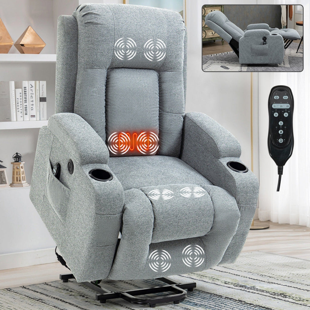 Fauteuil inclinable massant, chauffant et relevable, port USB, deux porte-gobelets