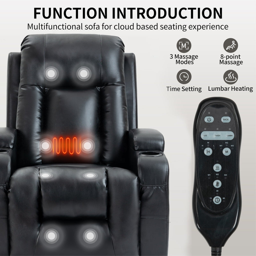 Fauteuil inclinable massant, chauffant et relevable, port USB, deux porte-gobelets