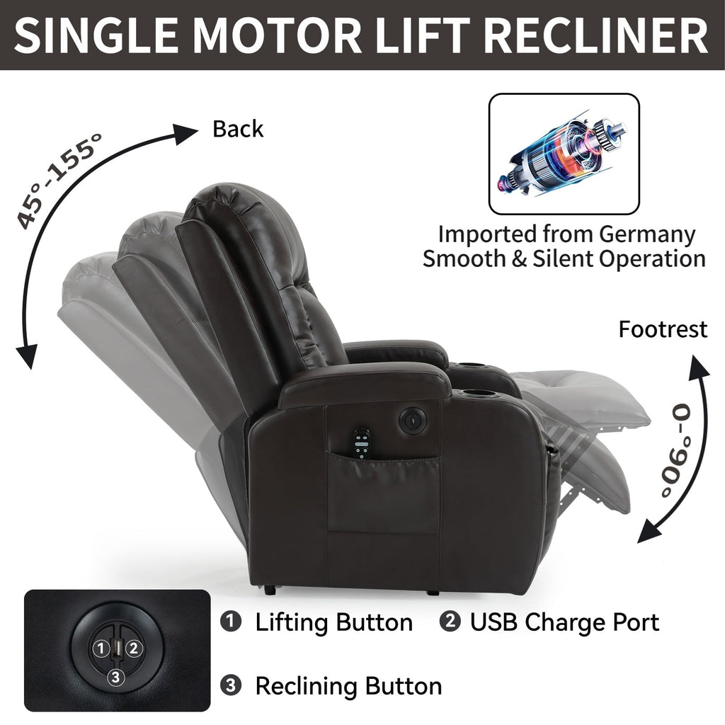 Fauteuil inclinable massant, chauffant et relevable, port USB, deux porte-gobelets