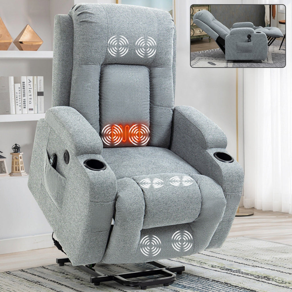 Fauteuil inclinable massant, chauffant et relevable, port USB, deux porte-gobelets