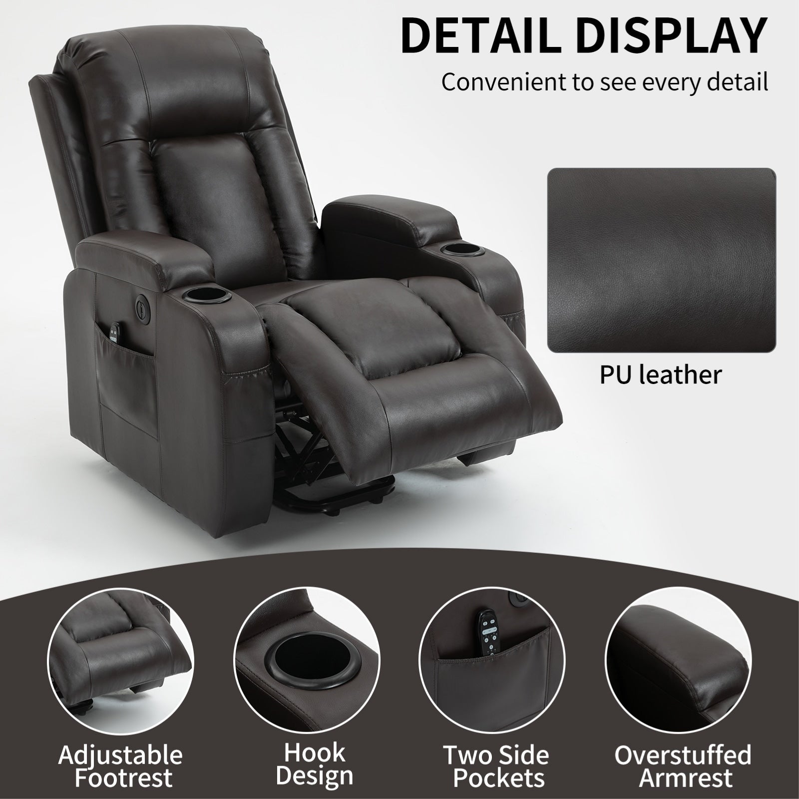 Fauteuil inclinable massant, chauffant et relevable, port USB, deux porte-gobelets