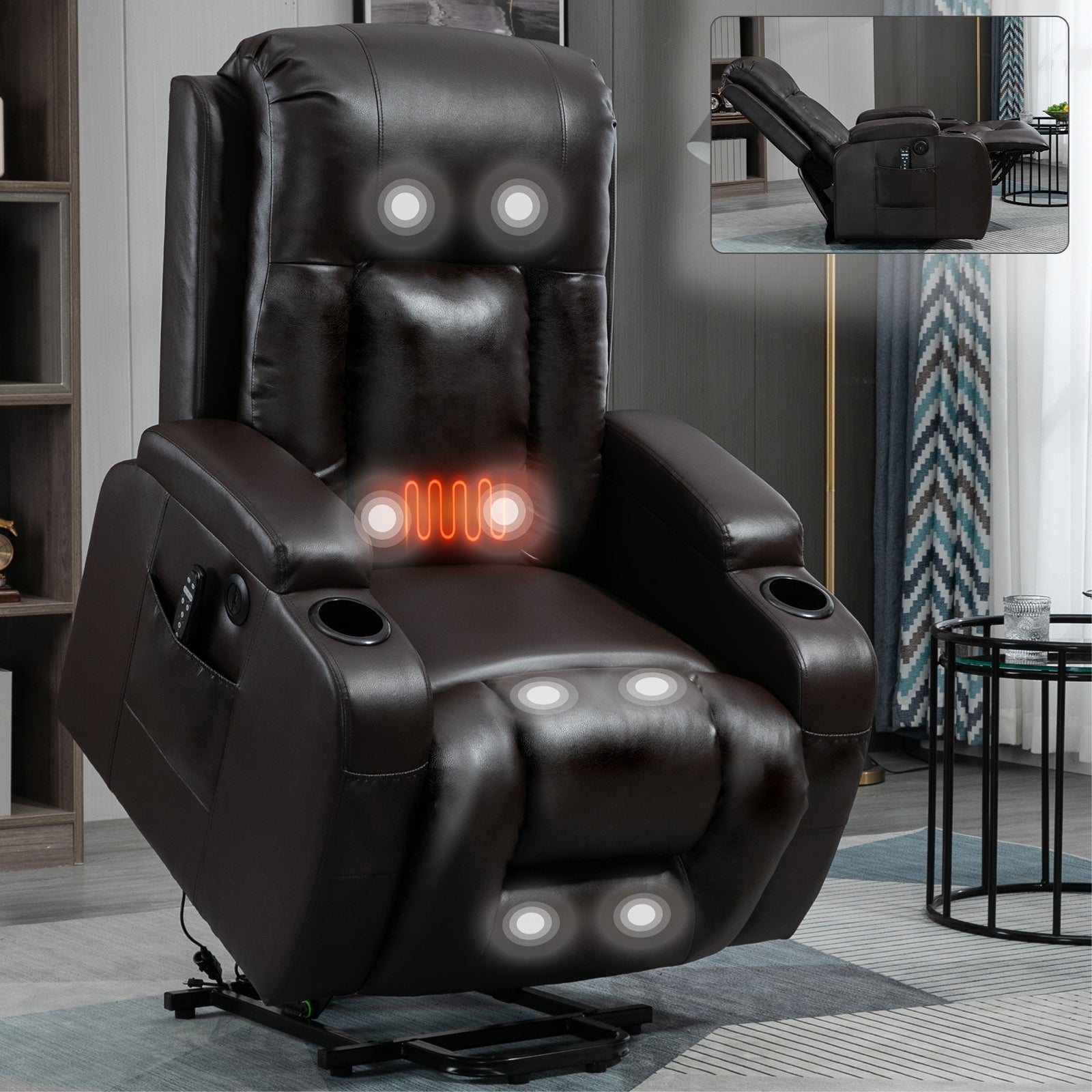 Fauteuil inclinable massant, chauffant et relevable, port USB, deux porte-gobelets