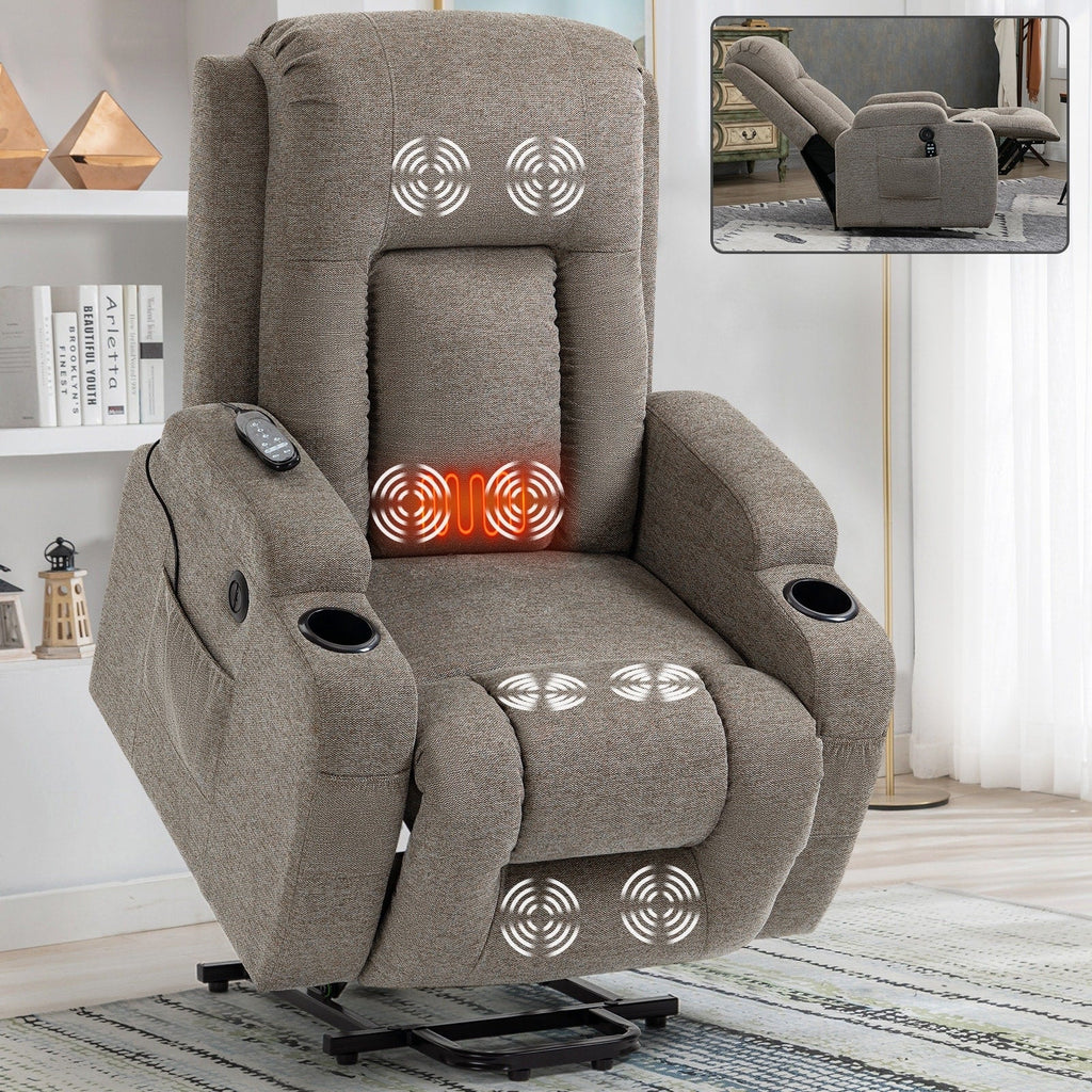 Fauteuil inclinable massant, chauffant et relevable, port USB, deux porte-gobelets