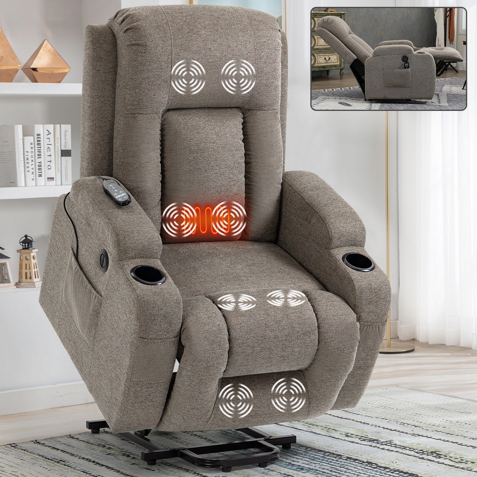 Fauteuil inclinable massant, chauffant et relevable, port USB, deux porte-gobelets