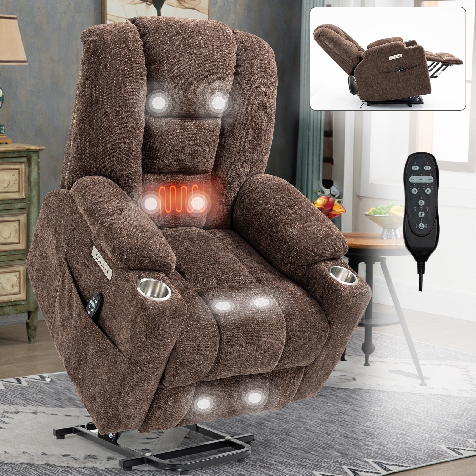 Fauteuil inclinable massant, chauffant et relevable, 2 porte-gobelets, USB, Type C, télécommande