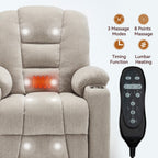 Fauteuil inclinable massant, chauffant et relevable, 2 porte-gobelets, USB, Type C, télécommande