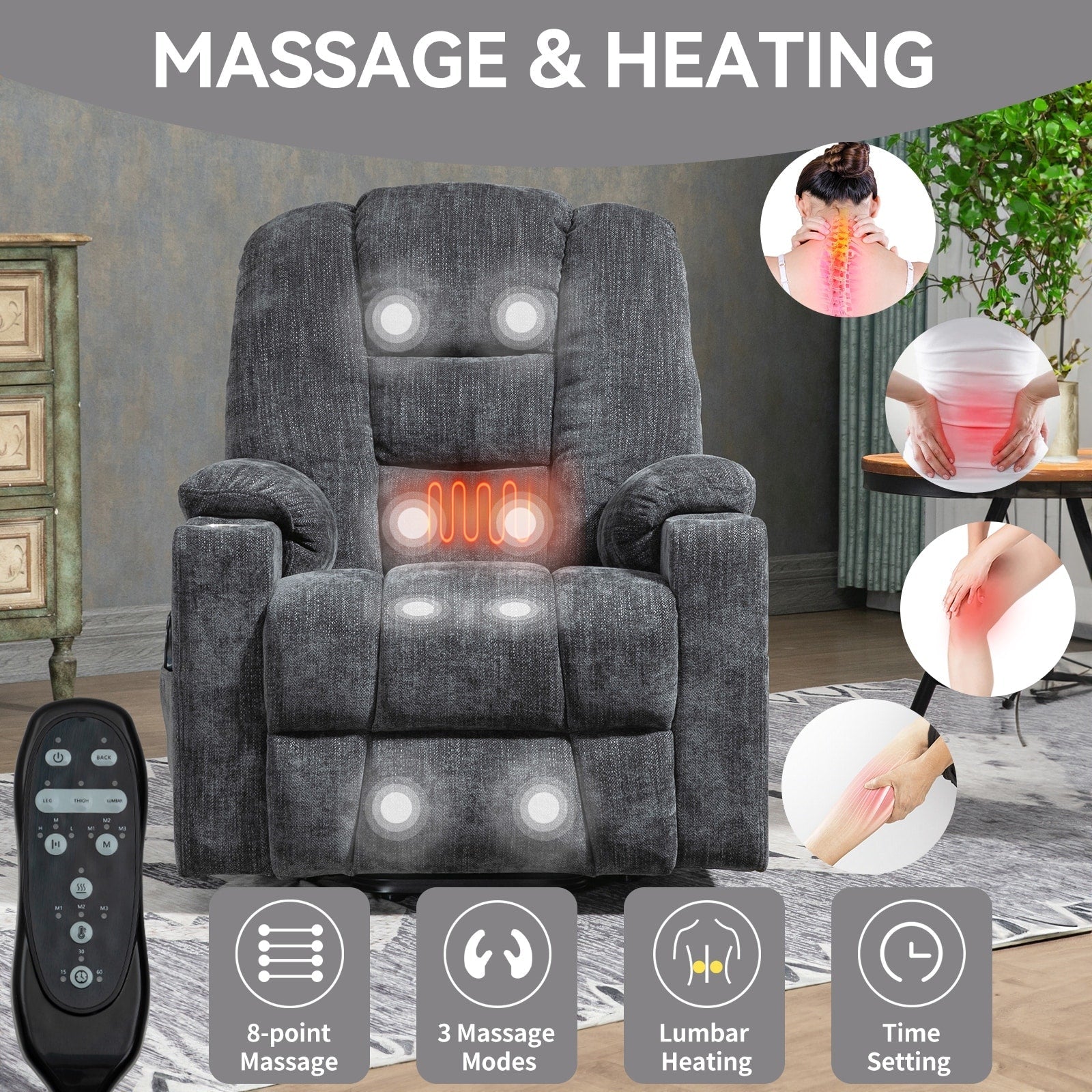 Fauteuil inclinable massant, chauffant et relevable, 2 porte-gobelets, USB, Type C, télécommande