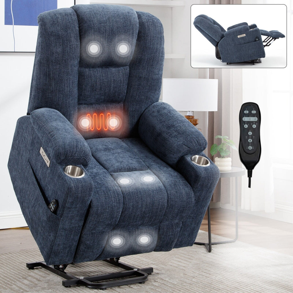 Fauteuil inclinable massant, chauffant et relevable, 2 porte-gobelets, USB, Type C, télécommande