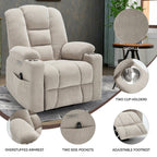 Fauteuil inclinable massant, chauffant et relevable, 2 porte-gobelets, USB, Type C, télécommande