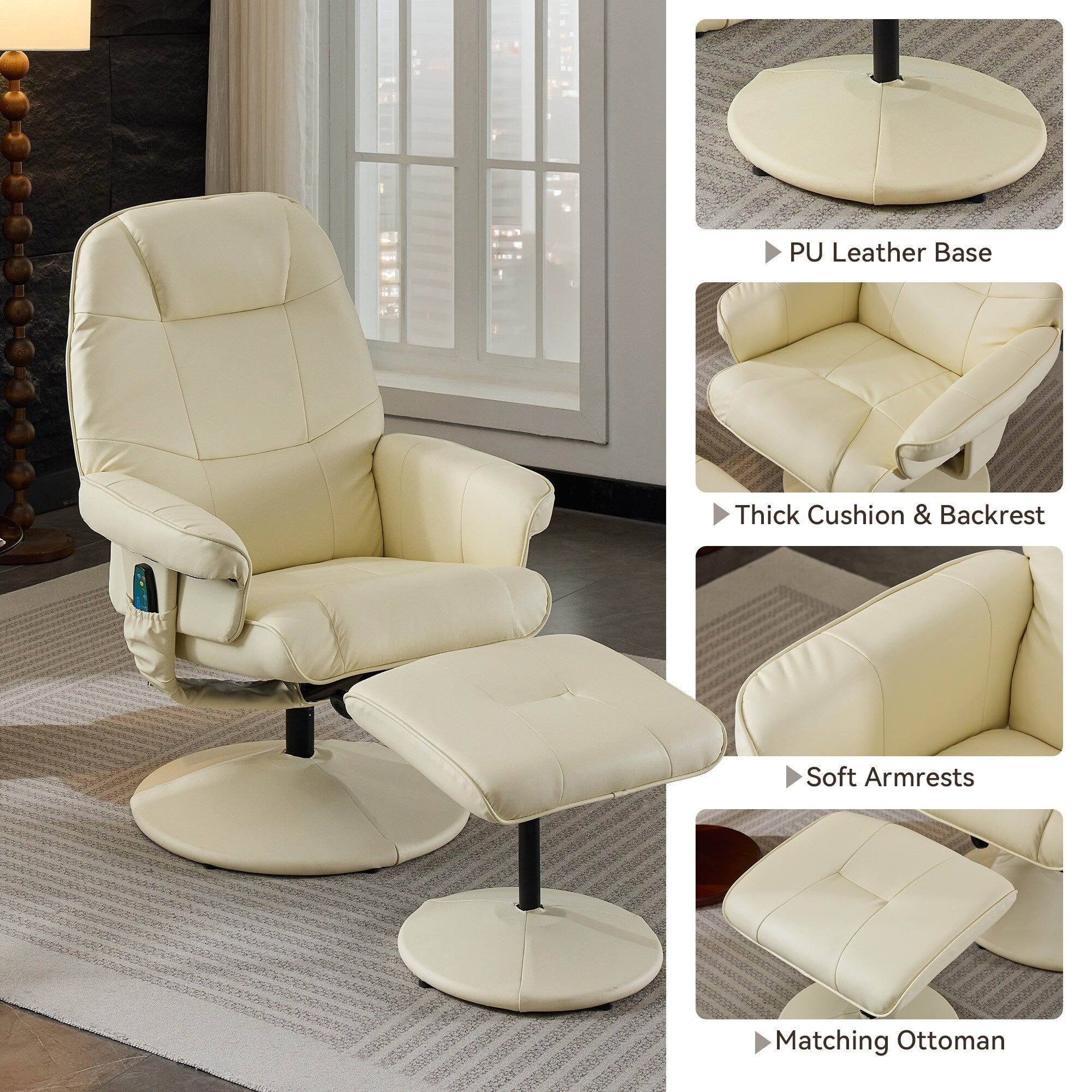 Fauteuil inclinable massant, pivotant à 360° en cuir PU avec base enveloppée, siège chauffant et dossier réglable à 140°