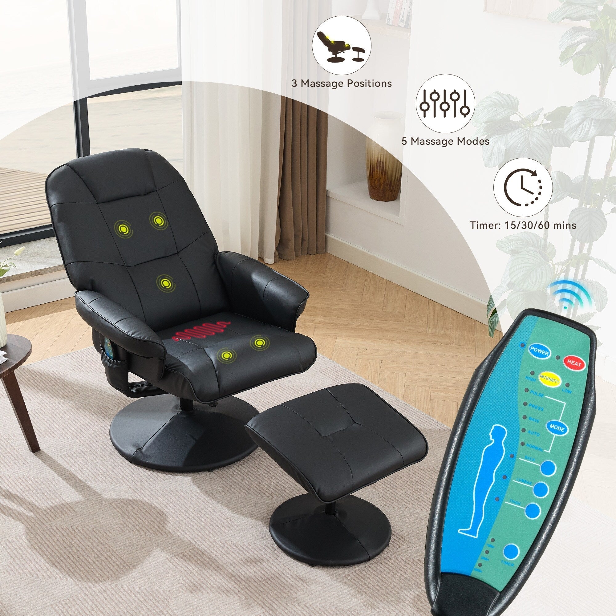 Fauteuil inclinable massant, pivotant à 360° en cuir PU avec base enveloppée, siège chauffant et dossier réglable à 140°