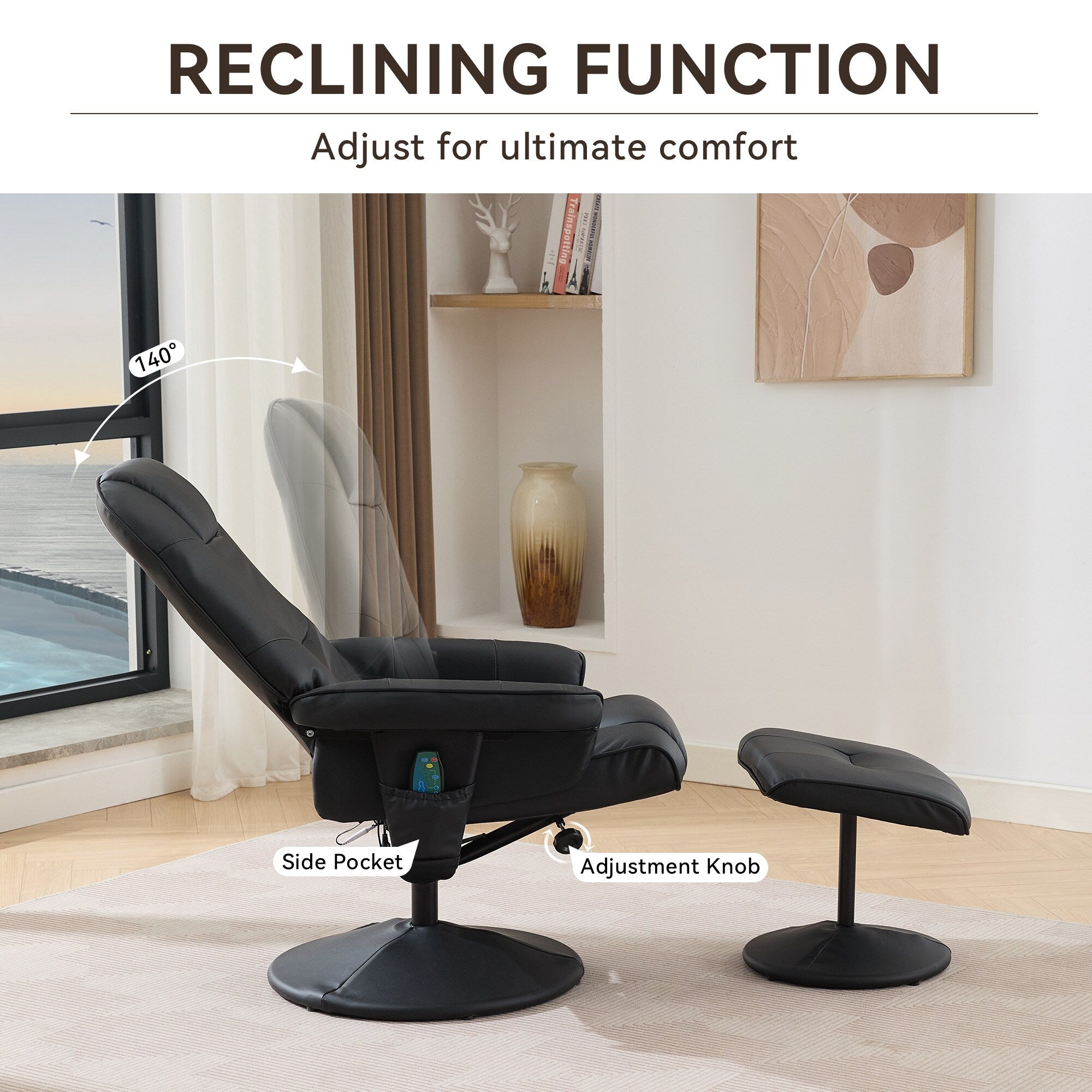 Fauteuil inclinable massant, pivotant à 360° en cuir PU avec base enveloppée, siège chauffant et dossier réglable à 140°