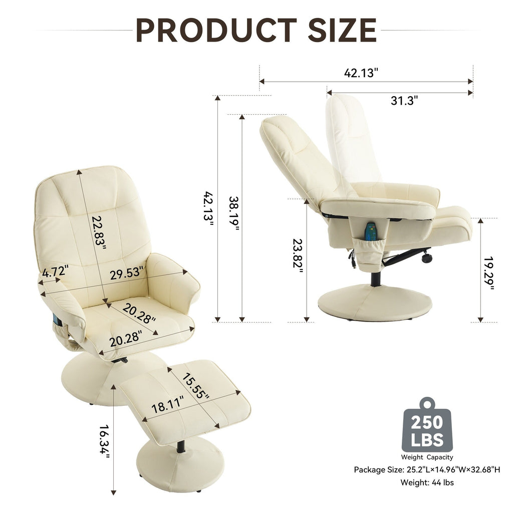 Fauteuil inclinable massant, pivotant à 360° en cuir PU avec base enveloppée, siège chauffant et dossier réglable à 140°