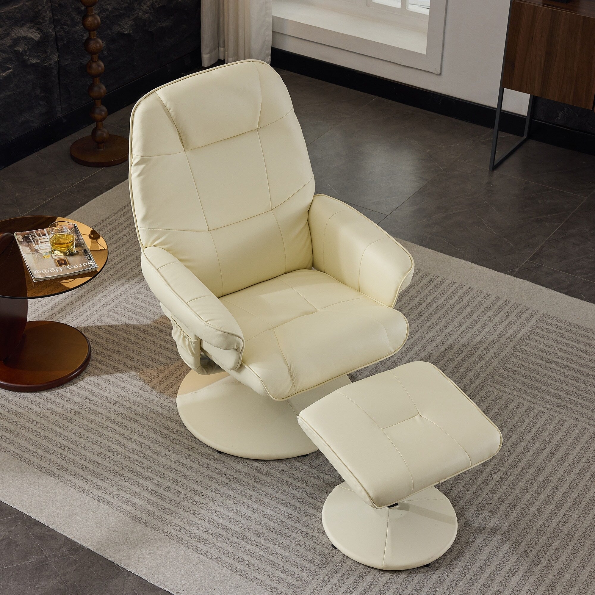 Fauteuil inclinable massant, pivotant à 360° en cuir PU avec base enveloppée, siège chauffant et dossier réglable à 140°