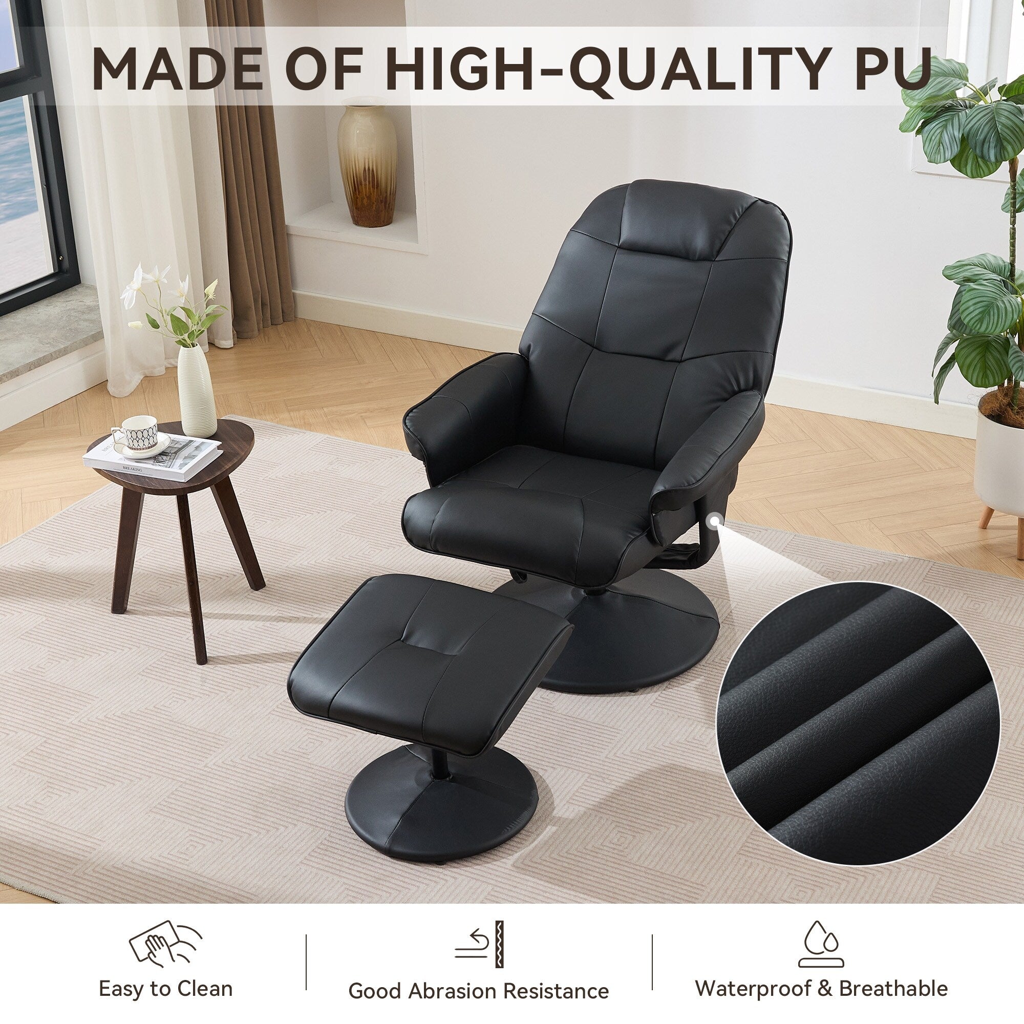 Fauteuil inclinable massant, pivotant à 360° en cuir PU avec base enveloppée, siège chauffant et dossier réglable à 140°