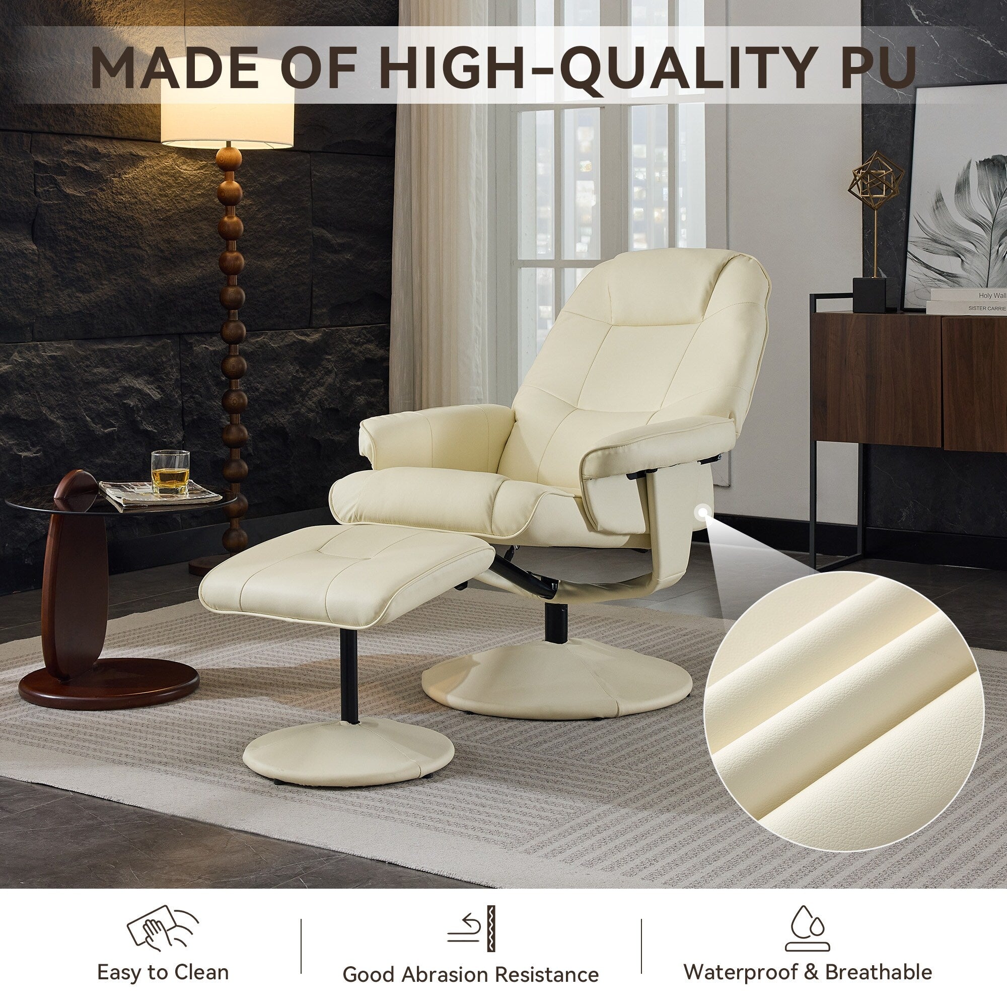 Fauteuil inclinable massant, pivotant à 360° en cuir PU avec base enveloppée, siège chauffant et dossier réglable à 140°