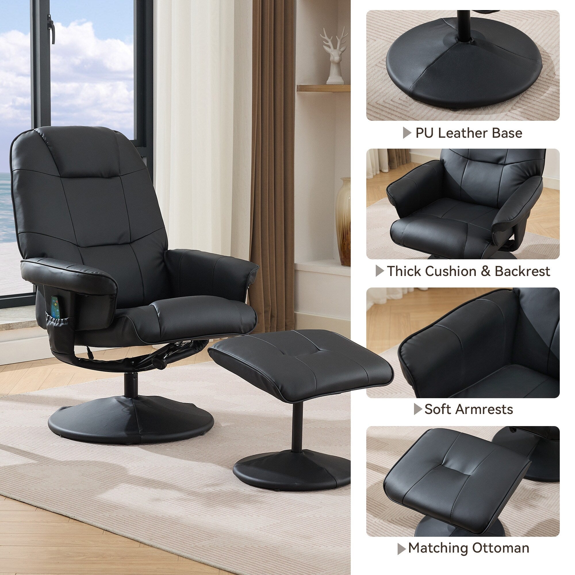 Fauteuil inclinable massant, pivotant à 360° en cuir PU avec base enveloppée, siège chauffant et dossier réglable à 140°
