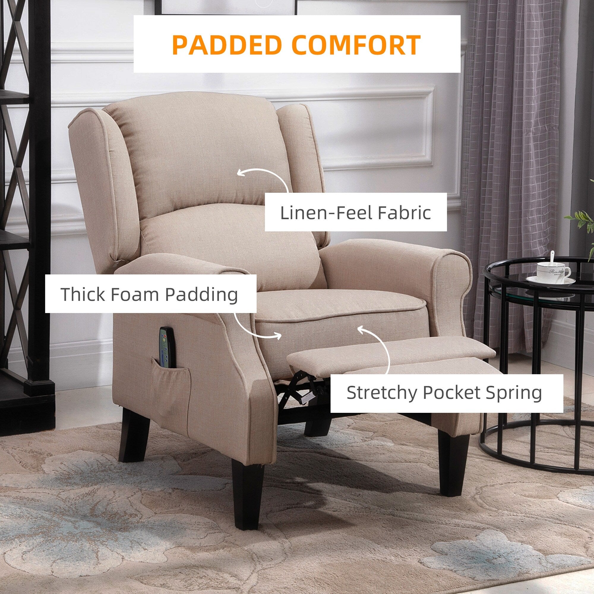 Canapé inclinable massant avec chauffage, dossier réglable, télécommande filaire et poche de rangement latérale