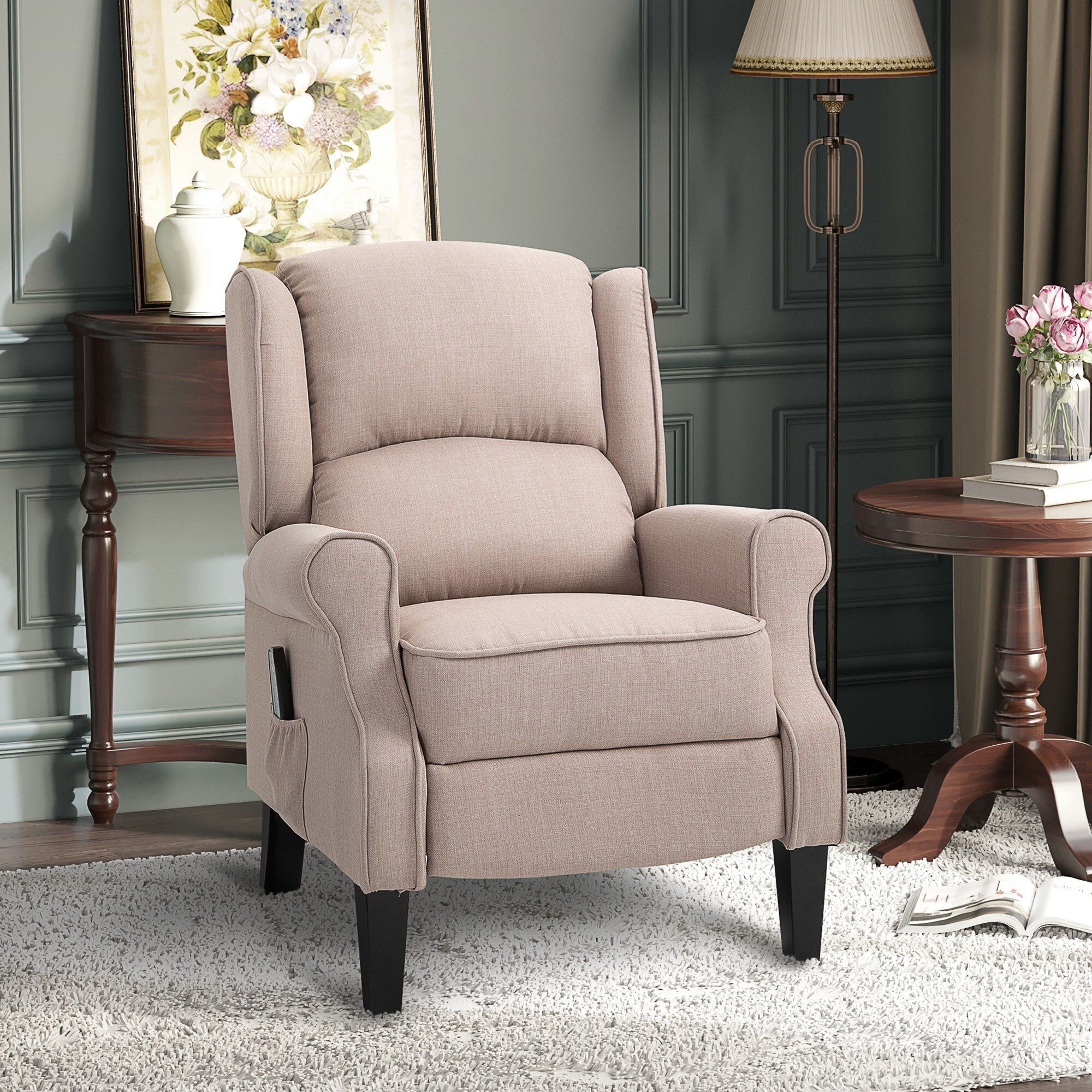 Canapé inclinable massant avec chauffage, dossier réglable, télécommande filaire et poche de rangement latérale