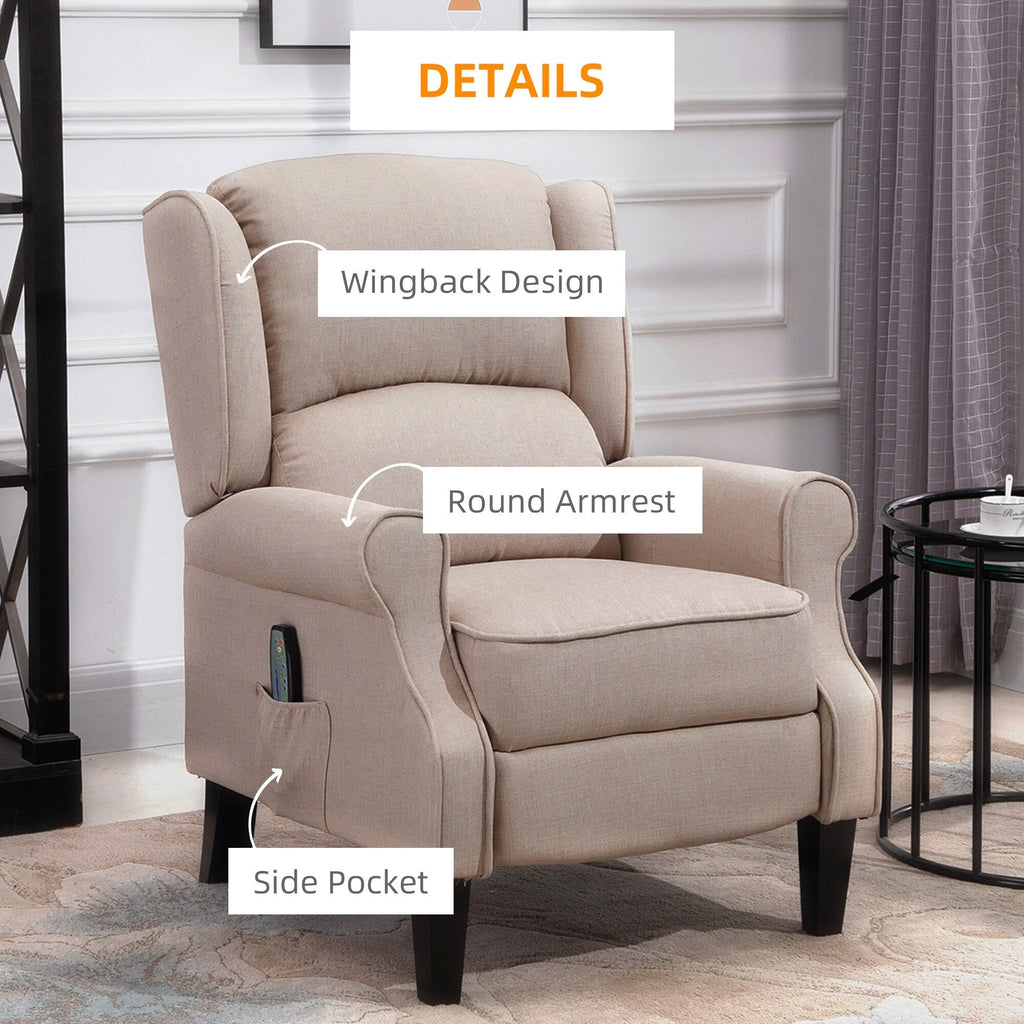 Canapé inclinable massant avec chauffage, dossier réglable, télécommande filaire et poche de rangement latérale