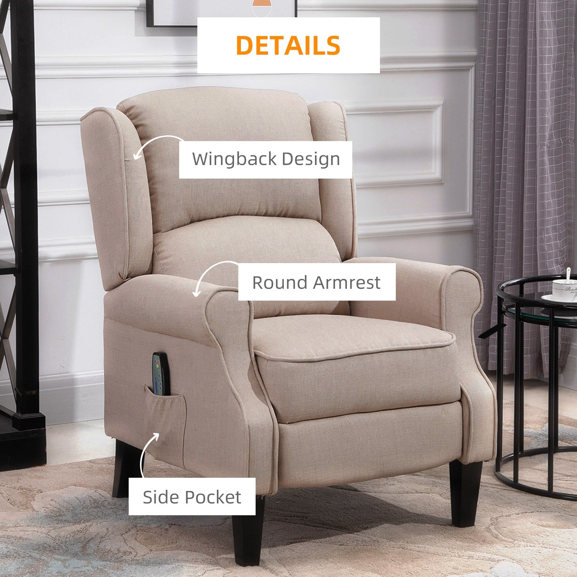 Canapé inclinable massant avec chauffage, dossier réglable, télécommande filaire et poche de rangement latérale