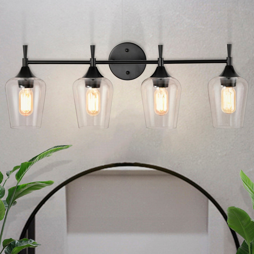 Applique de vanité moderne noir mat à 4 lumières avec abat-jour en verre transparent