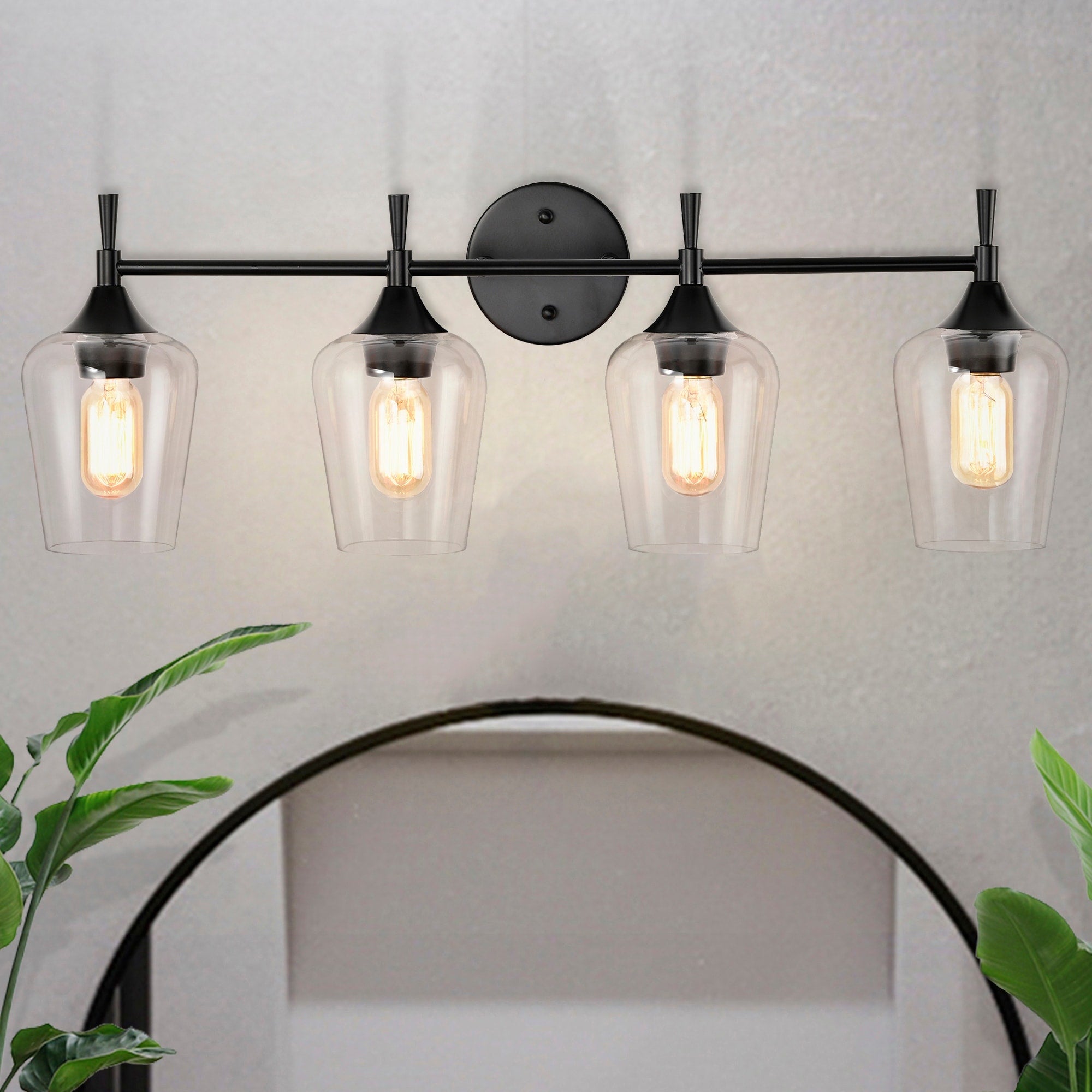 Applique de vanité moderne noir mat à 4 lumières avec abat-jour en verre transparent