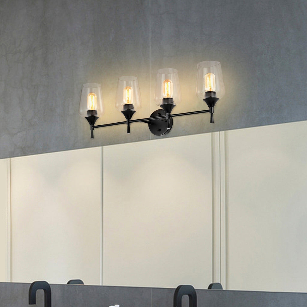 Applique de vanité moderne noir mat à 4 lumières avec abat-jour en verre transparent