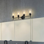 Applique de vanité moderne noir mat à 4 lumières avec abat-jour en verre transparent