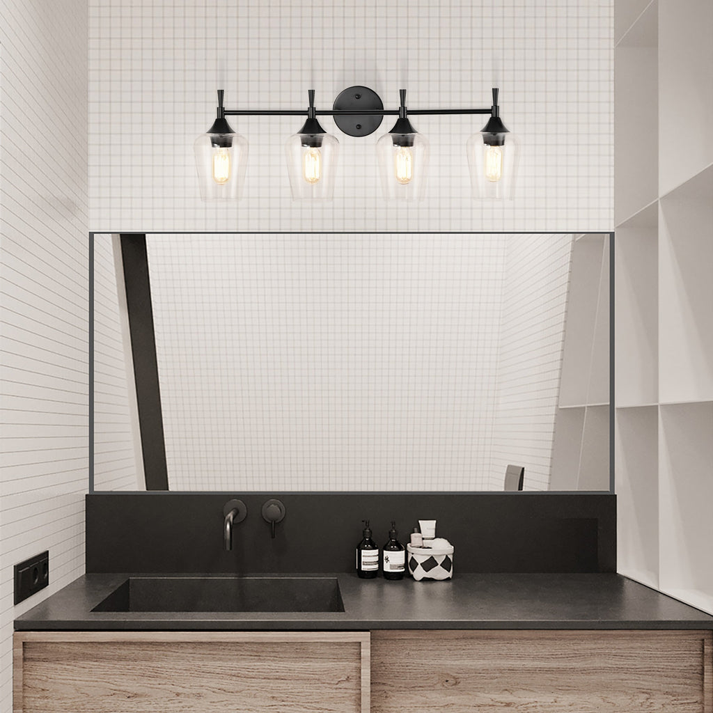 Applique de vanité moderne noir mat à 4 lumières avec abat-jour en verre transparent