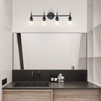 Applique de vanité moderne noir mat à 4 lumières avec abat-jour en verre transparent