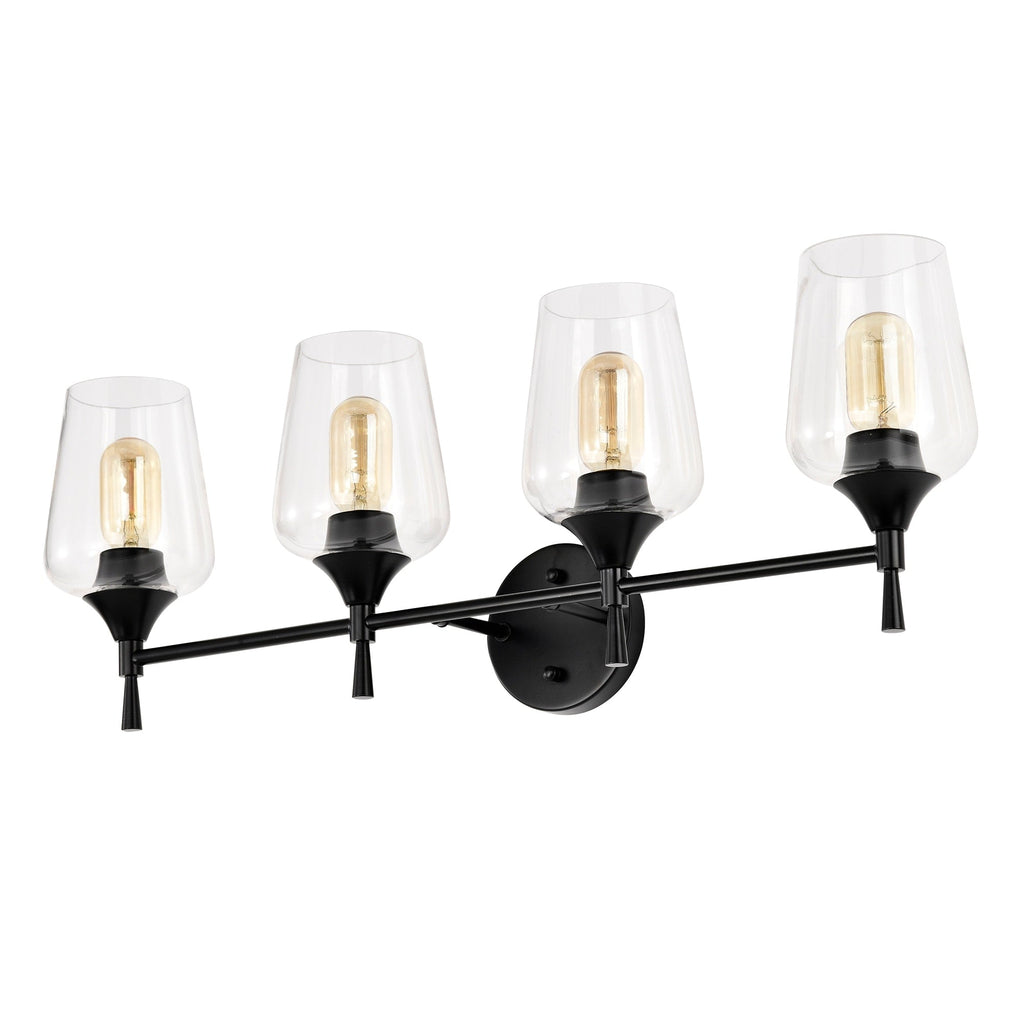 Applique de vanité moderne noir mat à 4 lumières avec abat-jour en verre transparent