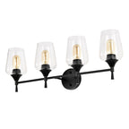 Applique de vanité moderne noir mat à 4 lumières avec abat-jour en verre transparent