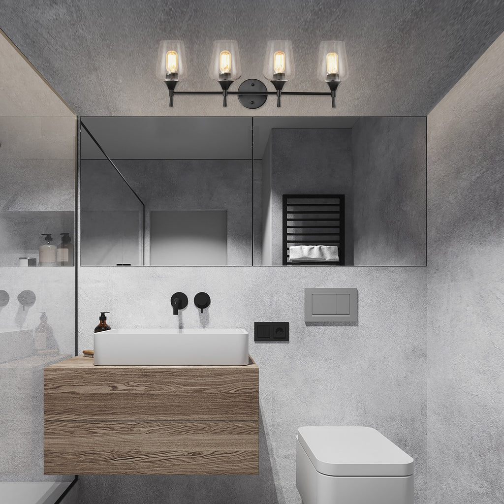 Applique de vanité moderne noir mat à 4 lumières avec abat-jour en verre transparent