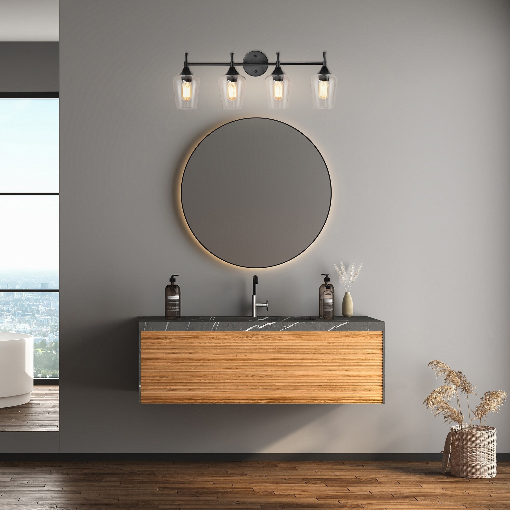 Applique de vanité moderne noir mat à 4 lumières avec abat-jour en verre transparent