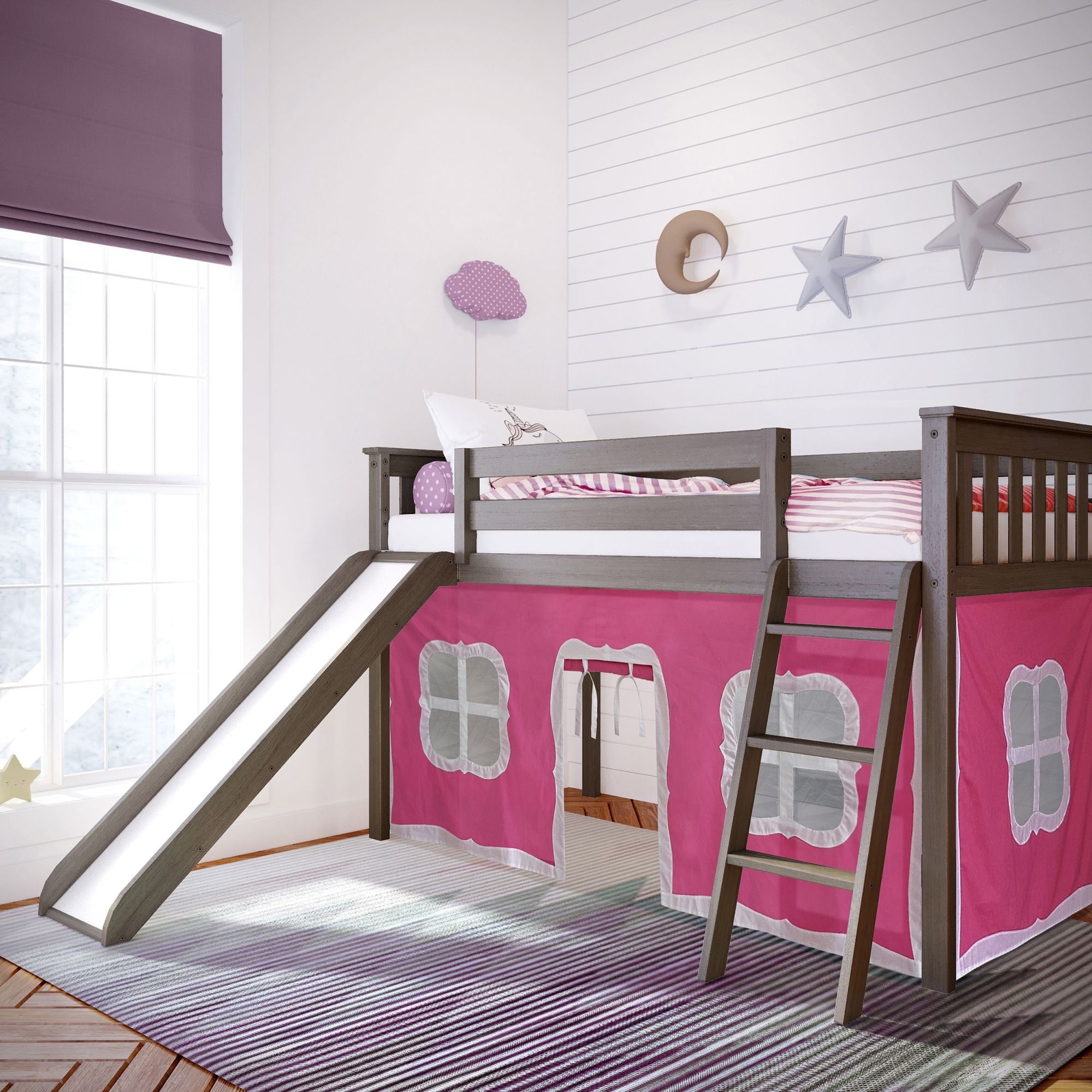 Max et Lily Twin Low Loft avec toboggan et rideaux