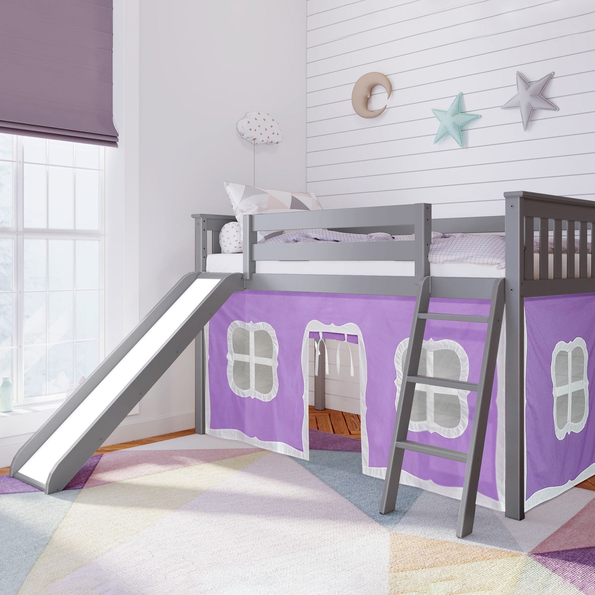 Max et Lily Twin Low Loft avec toboggan et rideaux