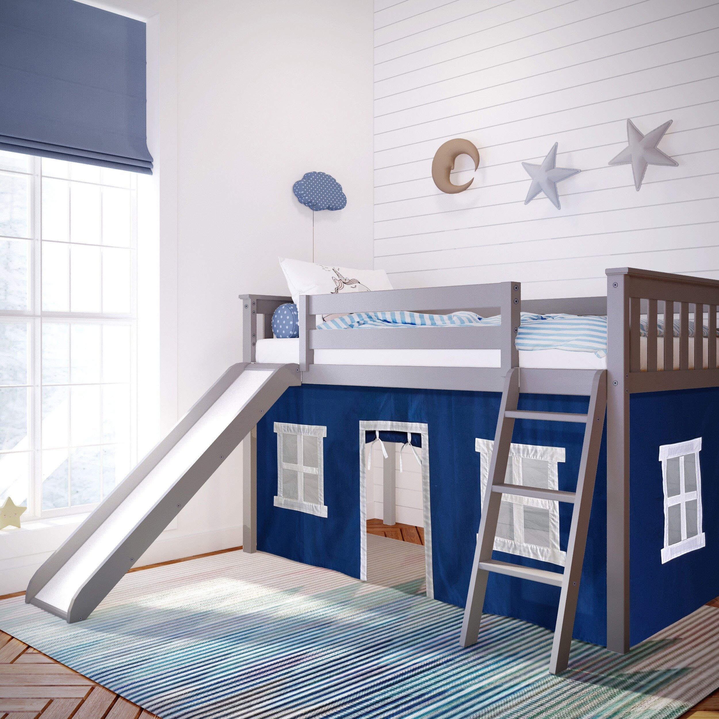 Max et Lily Twin Low Loft avec toboggan et rideaux