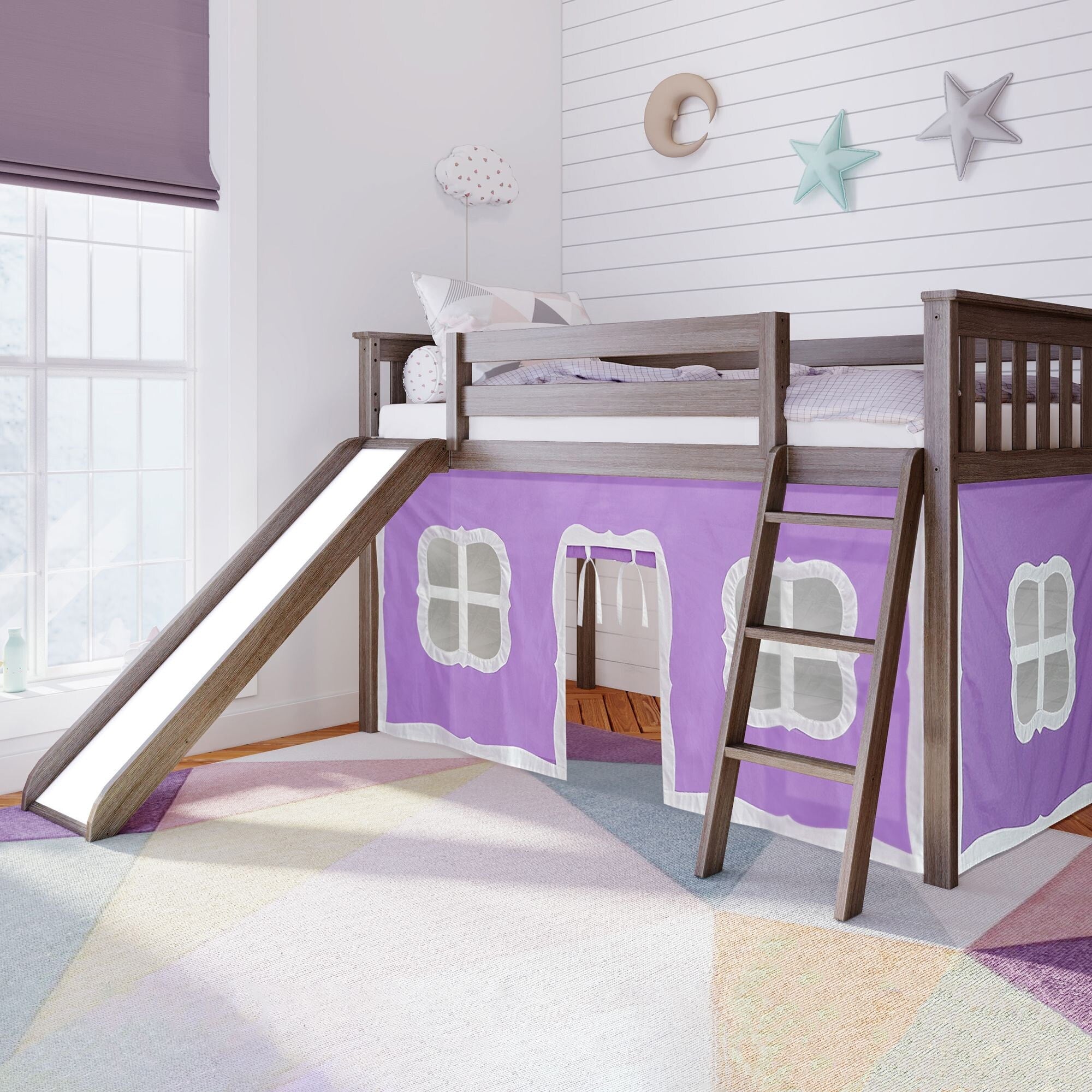 Max et Lily Twin Low Loft avec toboggan et rideaux