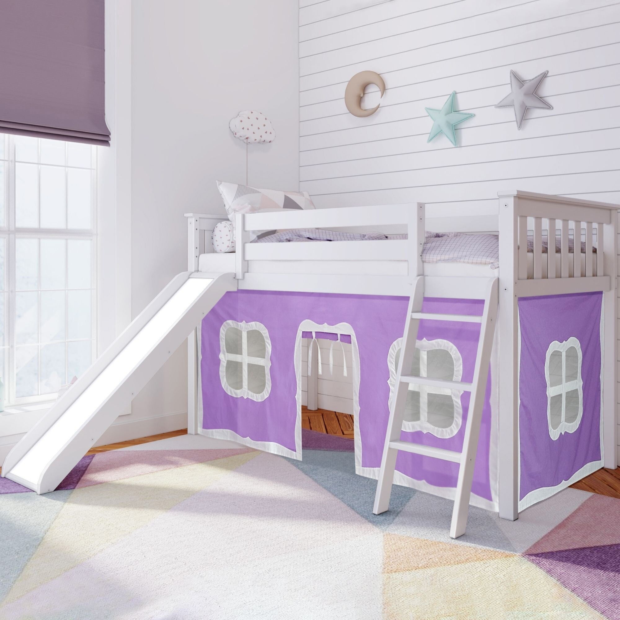 Max et Lily Twin Low Loft avec toboggan et rideaux