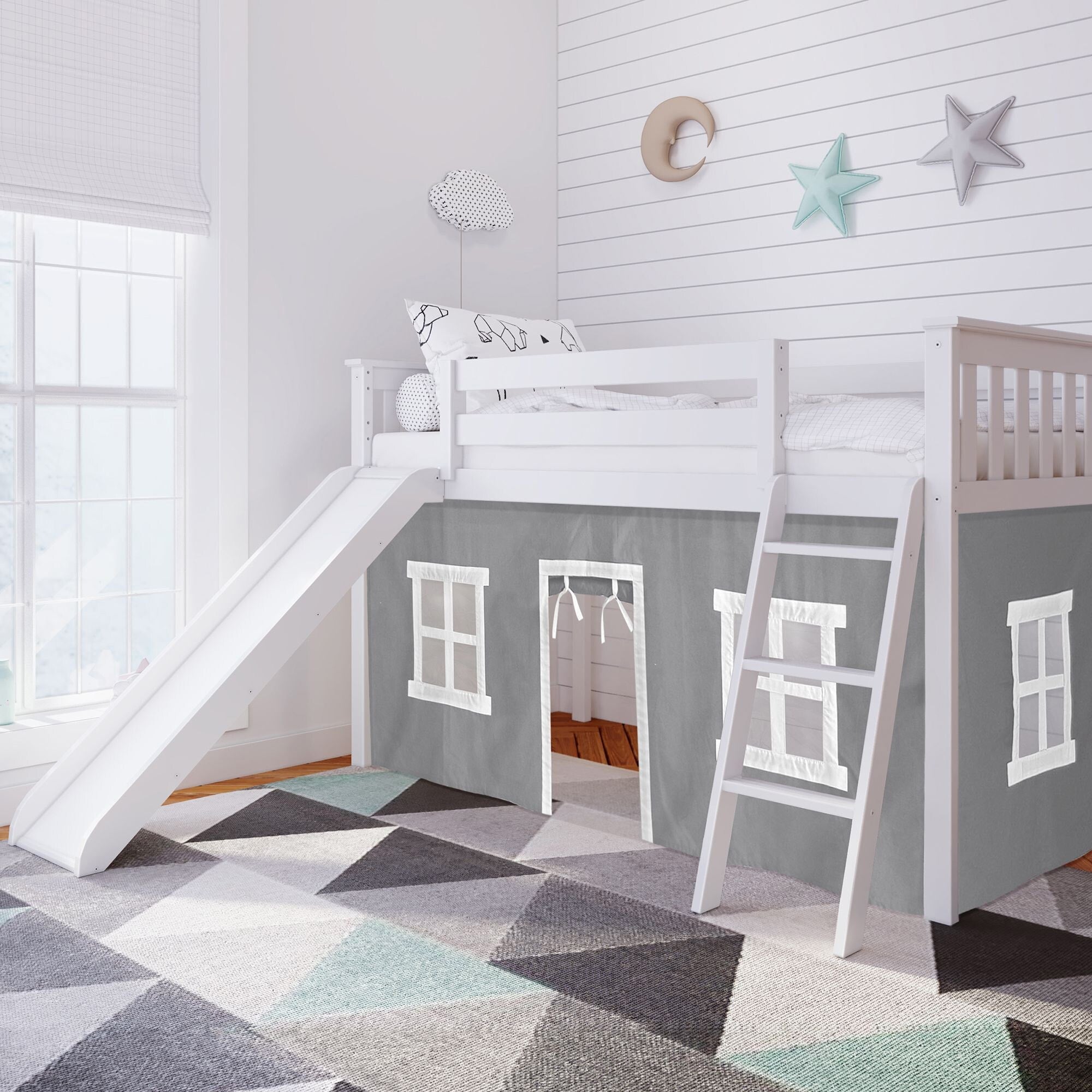 Max et Lily Twin Low Loft avec toboggan et rideaux