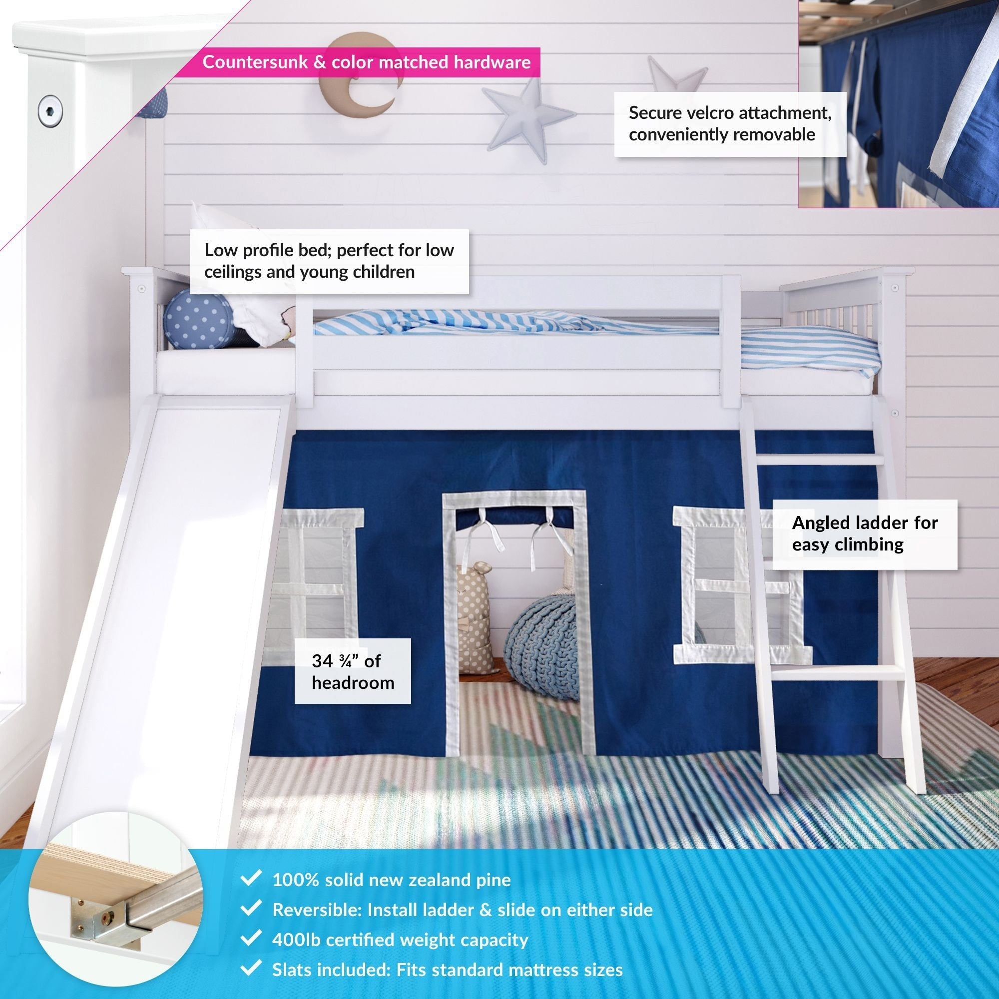 Max et Lily Twin Low Loft avec toboggan et rideaux