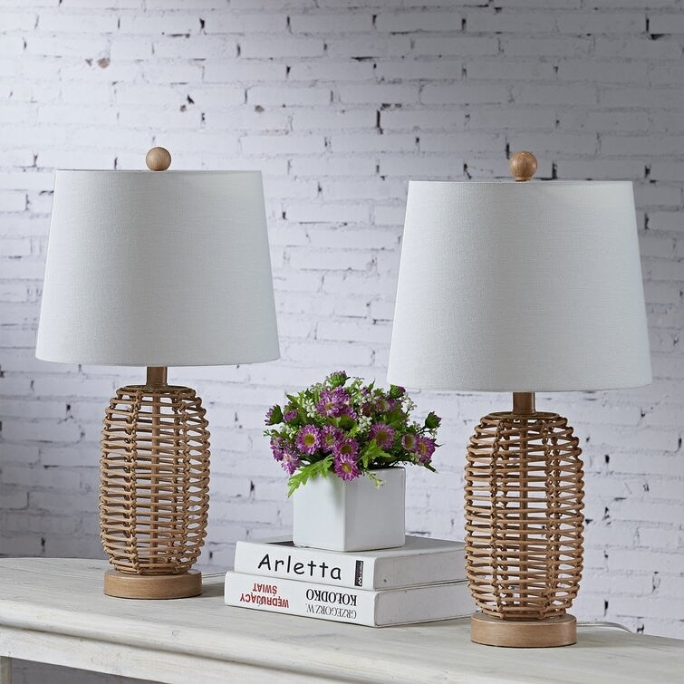 Lot de 2 lampes de chevet en rotin naturel (12 x 12 x 21 cm)