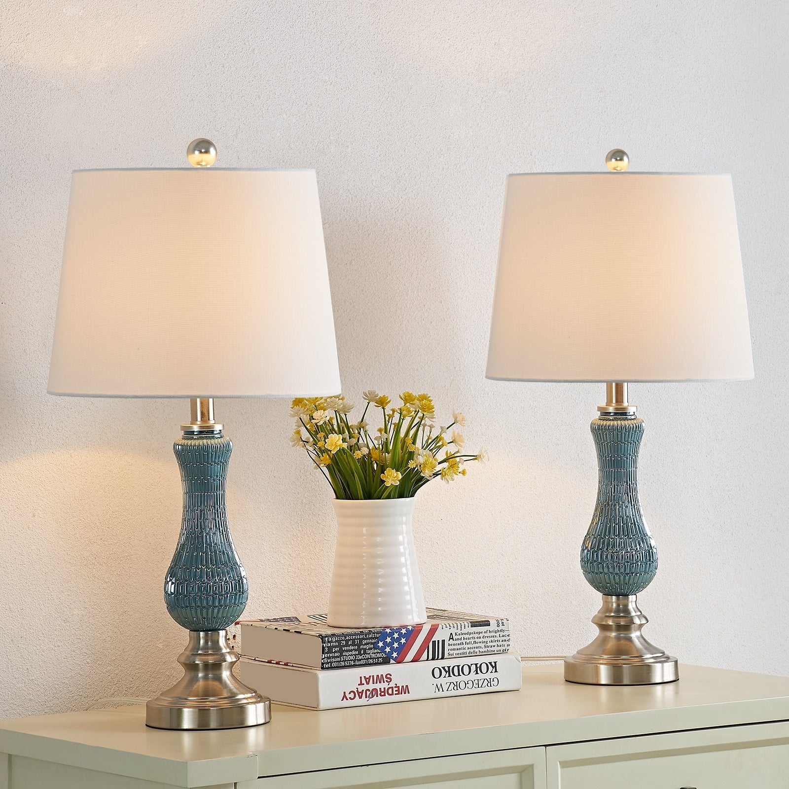Lot de 2 lampes de table en verre bleu clair